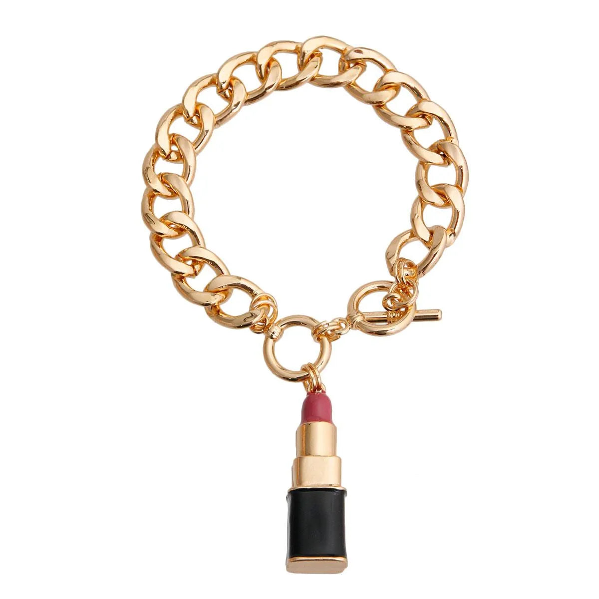 Make a Statement with Our Link Gold Tone Chain Toggle Clasp Bracelet Pink Lipstick Jewelry Bubble