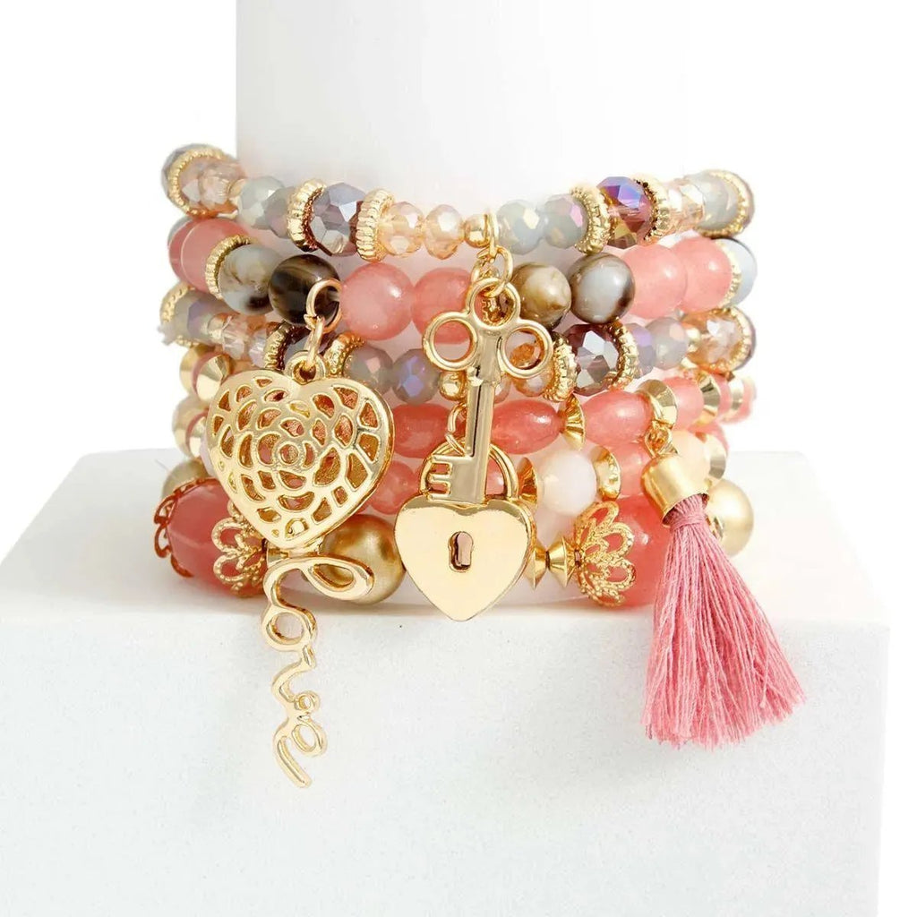 Mauve Stretch Bracelet Set Love Charms Including Heart, Key and Lock