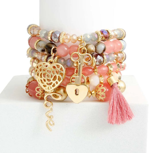 Mauve Stretch Bracelet Set Love Charms Including Heart, Key and Lock Jewelry Bubble