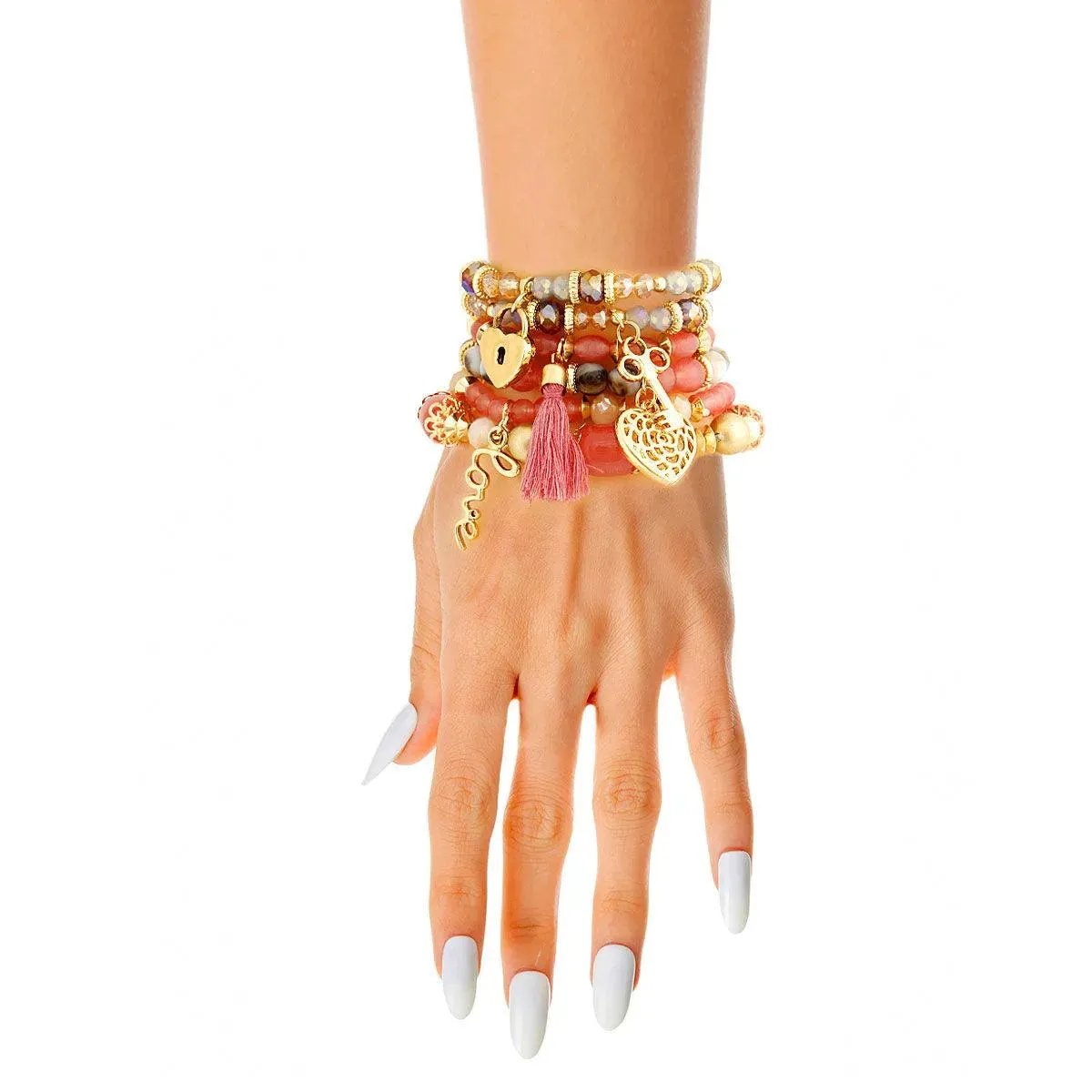 Mauve Stretch Bracelet Set Love Charms Including Heart, Key and Lock