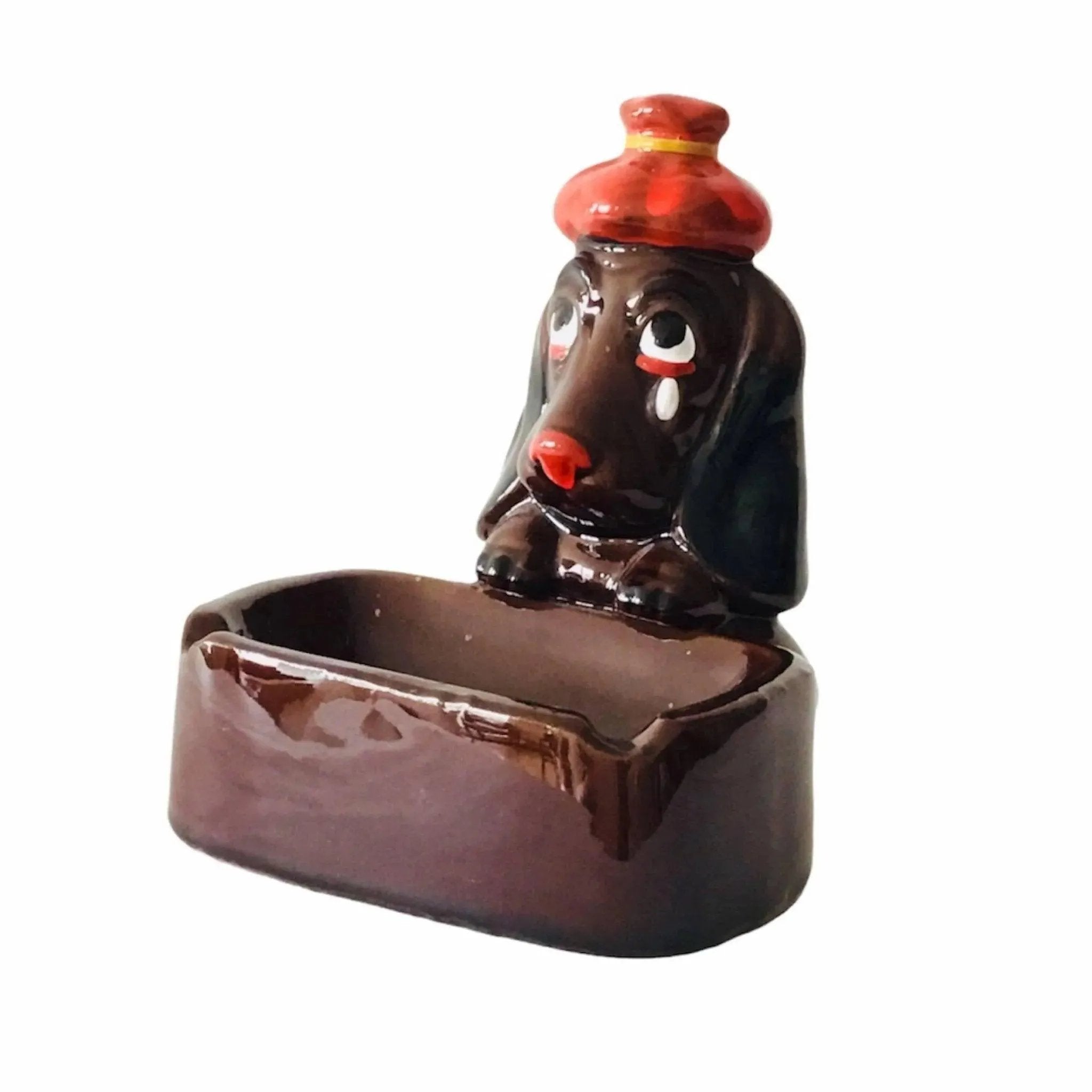 Mid-Century Enesco Redware Sad Basset Hound Dog Ashtray