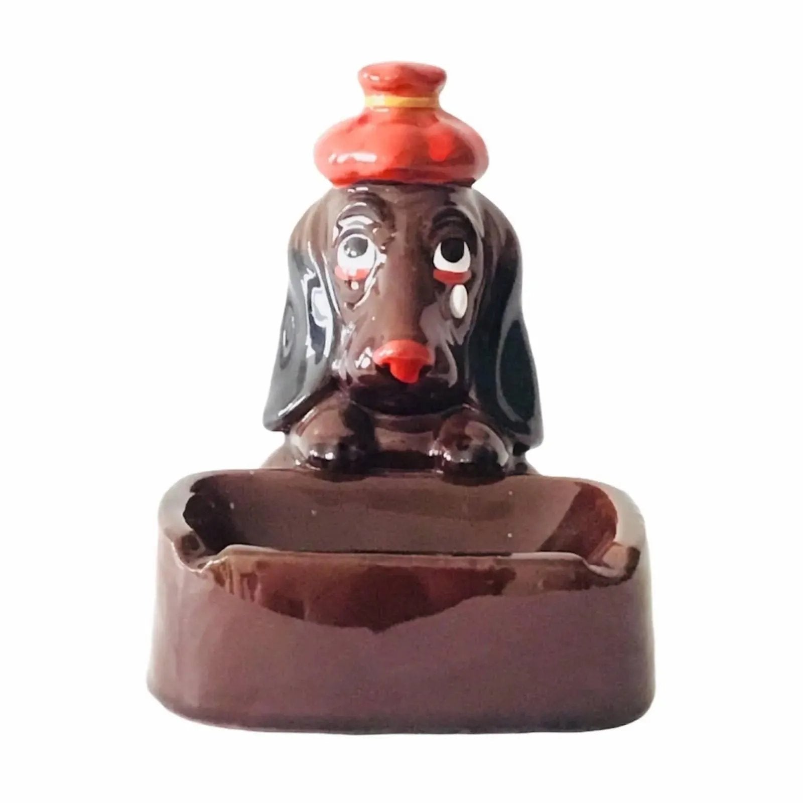 Mid-Century Enesco Redware Sad Basset Hound Dog Ashtray