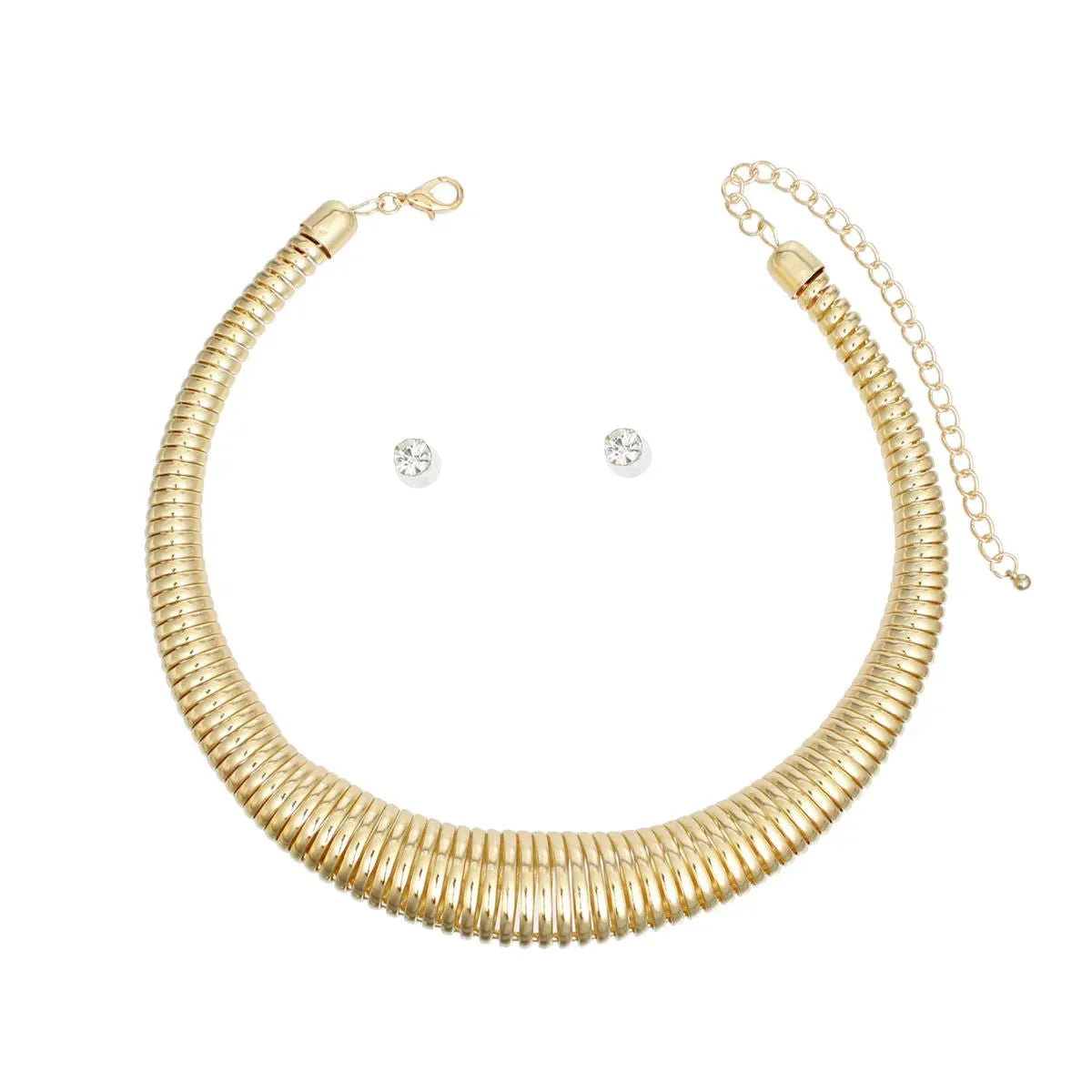 Modern Chunky Gold Spring Coil Choker Necklace Set with Hollow Design & Rhinestone Stud Earrings Jewelry Bubble