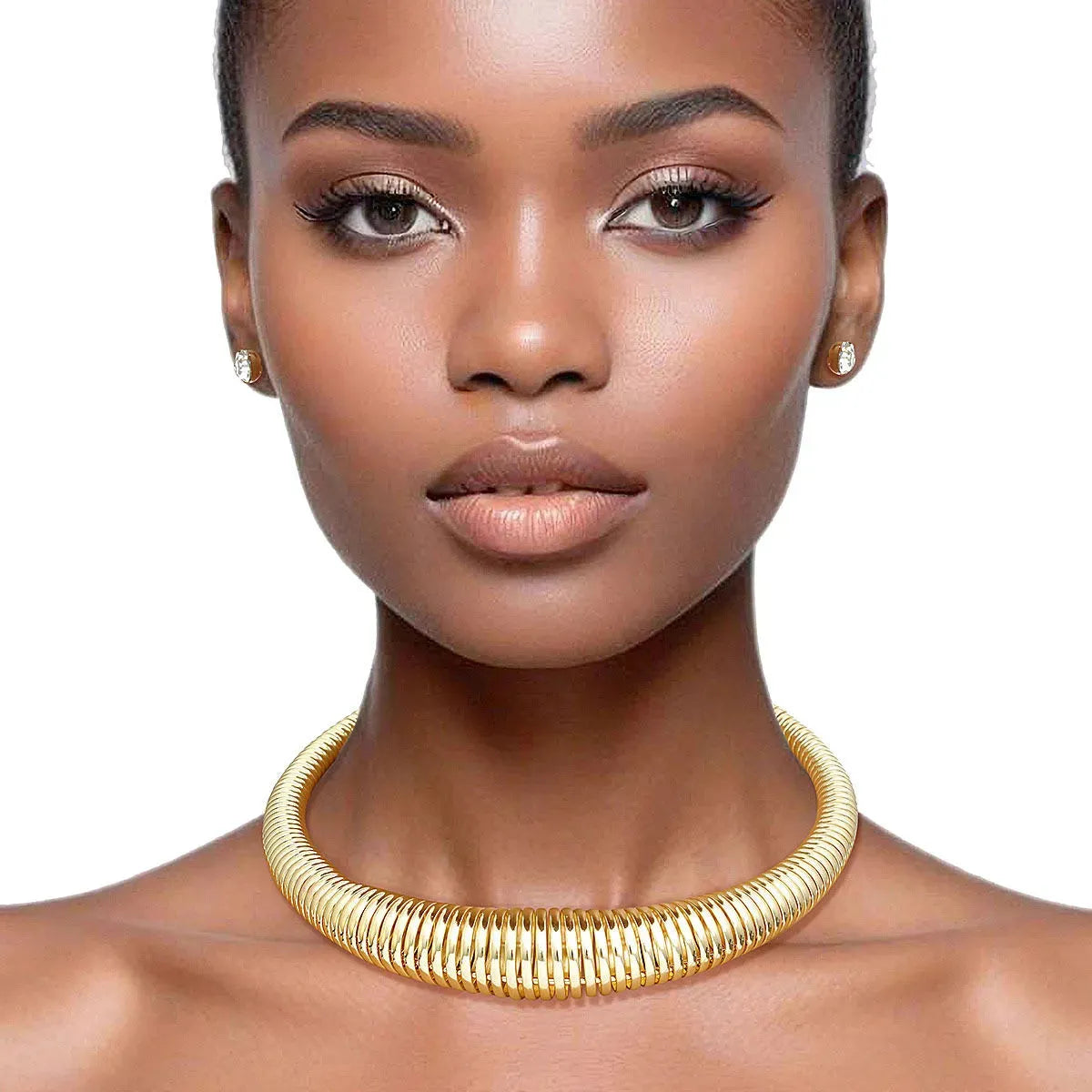 Modern Chunky Gold Spring Coil Choker Necklace Set with Hollow Design & Rhinestone Stud Earrings Jewelry Bubble