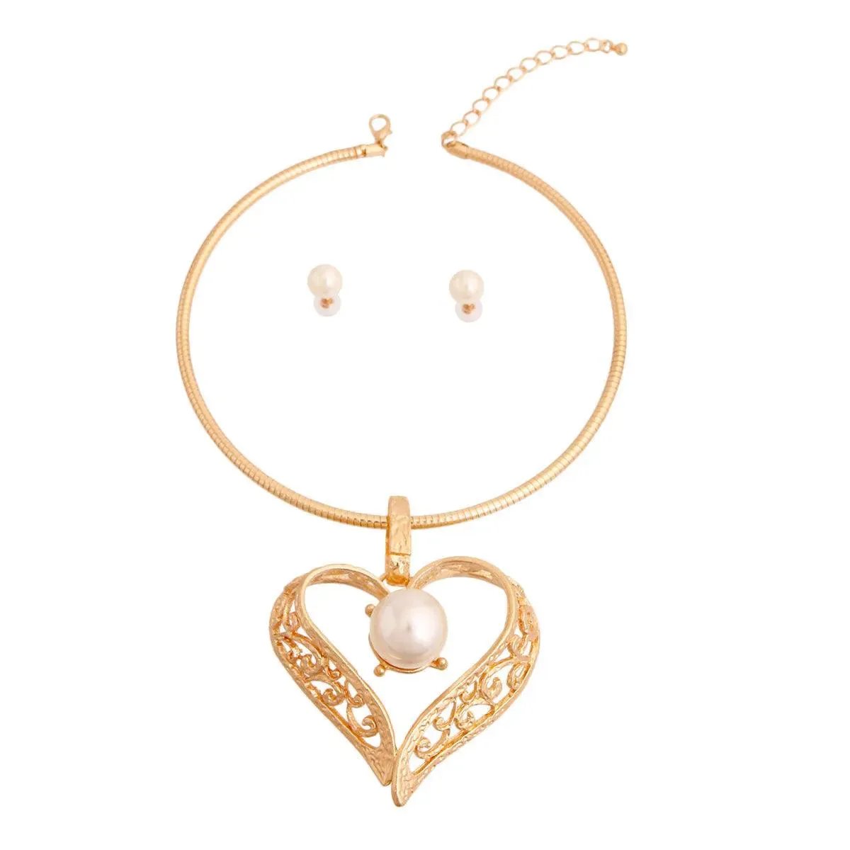 Modernist Open Heart Necklace Set Gold Plated
