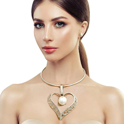 Modernist Open Heart Necklace Set Silver Plated Jewelry Bubble