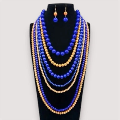 Multi-Layered Blue and Gold Beaded Necklace Set – Elegant Statement Jewelry with Matching Earrings Jewelry Bubble