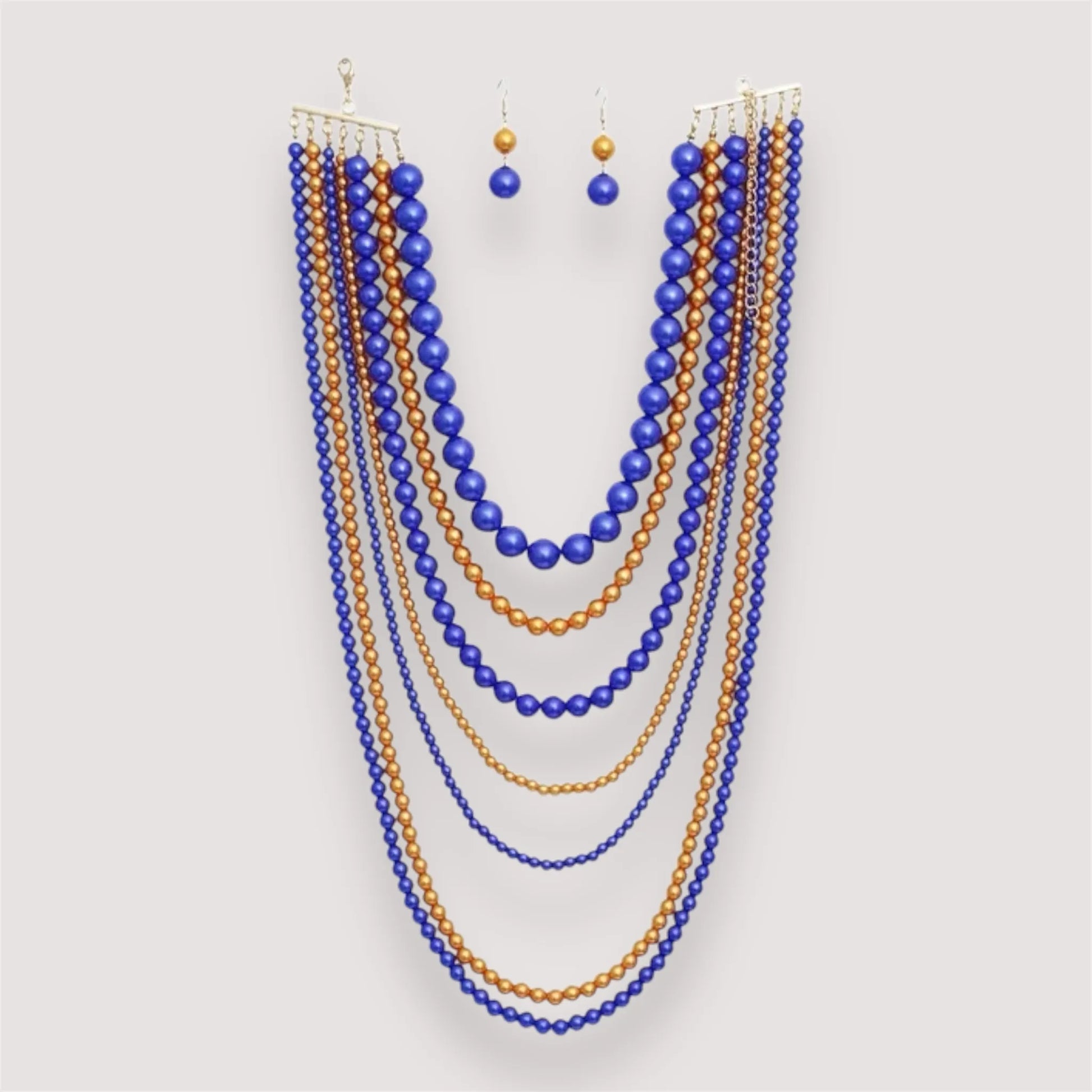 Multi-Layered Blue and Gold Beaded Necklace Set – Elegant Statement Jewelry with Matching Earrings Jewelry Bubble