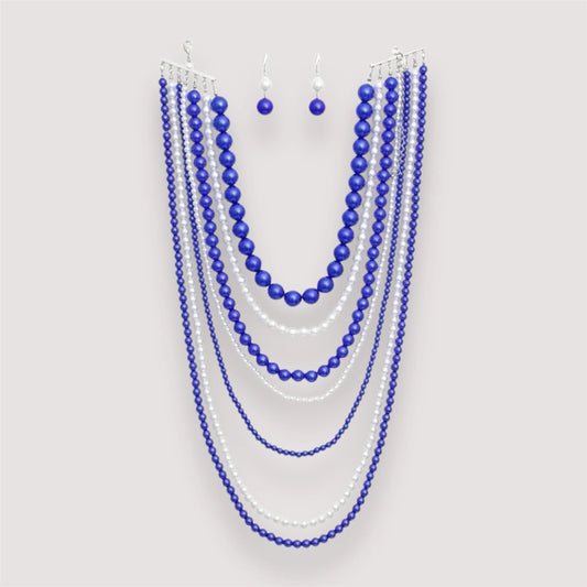 Multi-Layered Blue and White Beaded Necklace Set – Elegant Statement Jewelry with Matching Earrings Jewelry Bubble