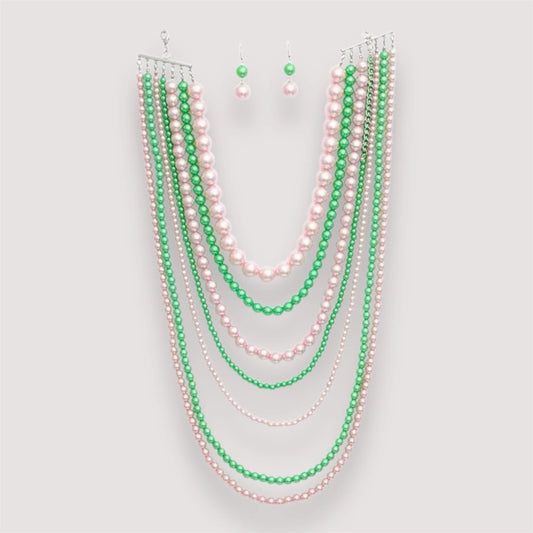 Multi-Layered Pink and Green Beaded Necklace Set – Elegant Statement Jewelry with Matching Earrings Jewelry Bubble