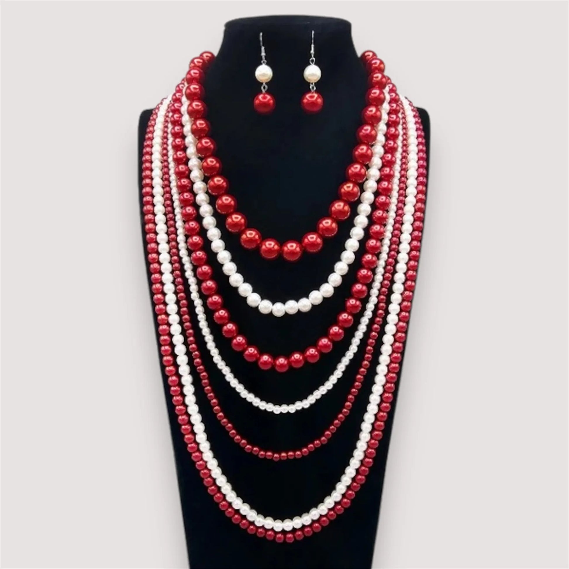 Multi-Layered Red and White Beaded Necklace Set – Elegant Statement Jewelry with Matching Earrings Jewelry Bubble