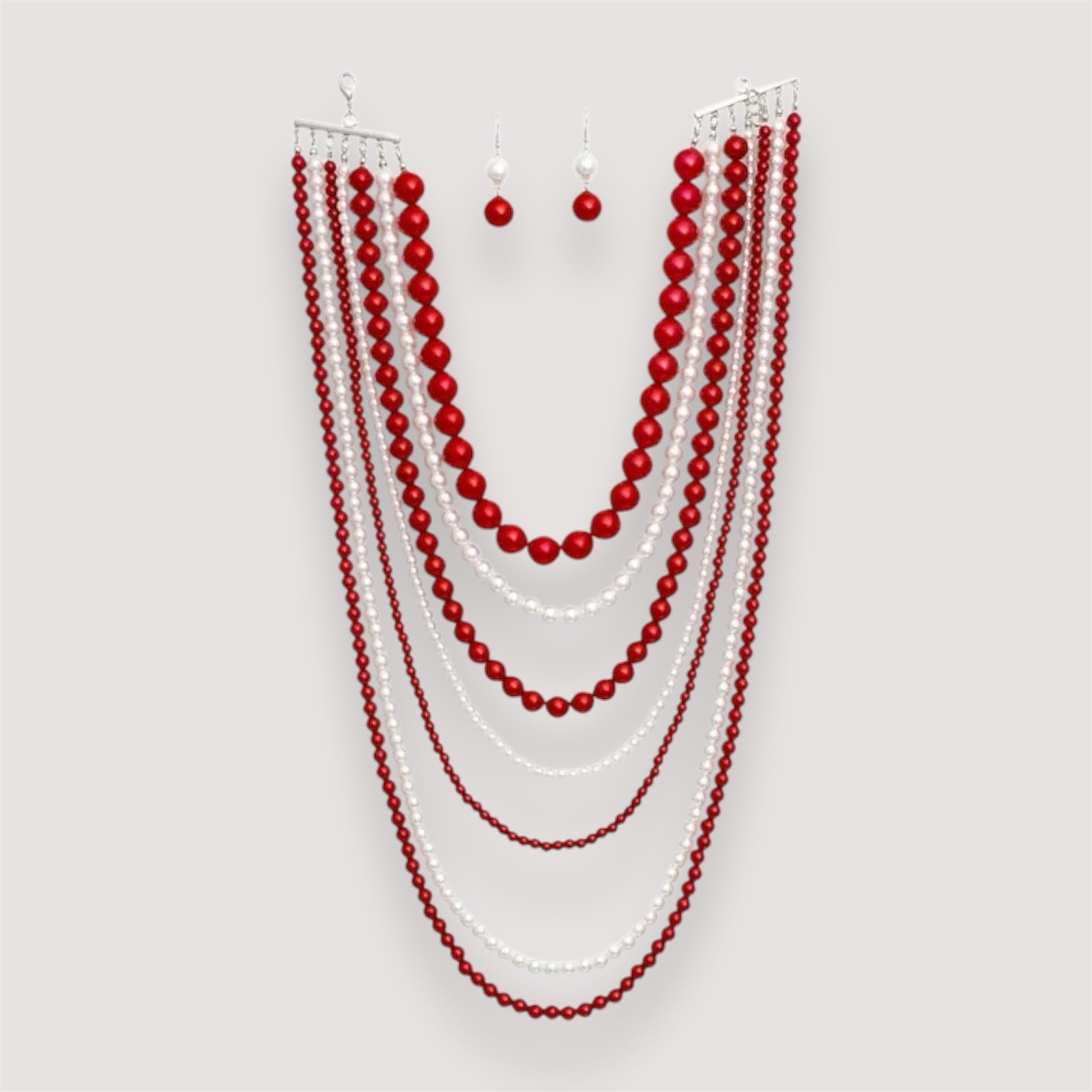 Multi-Layered Red and White Beaded Necklace Set – Elegant Statement Jewelry with Matching Earrings Jewelry Bubble