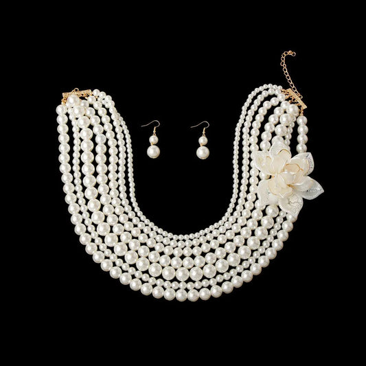 Multi-Strand Creamy Faux Pearl Bead Necklace Set Pinktown