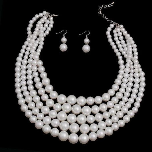 Multi strand Necklace with Earrings Faux Pearl White Jewelry Bubble