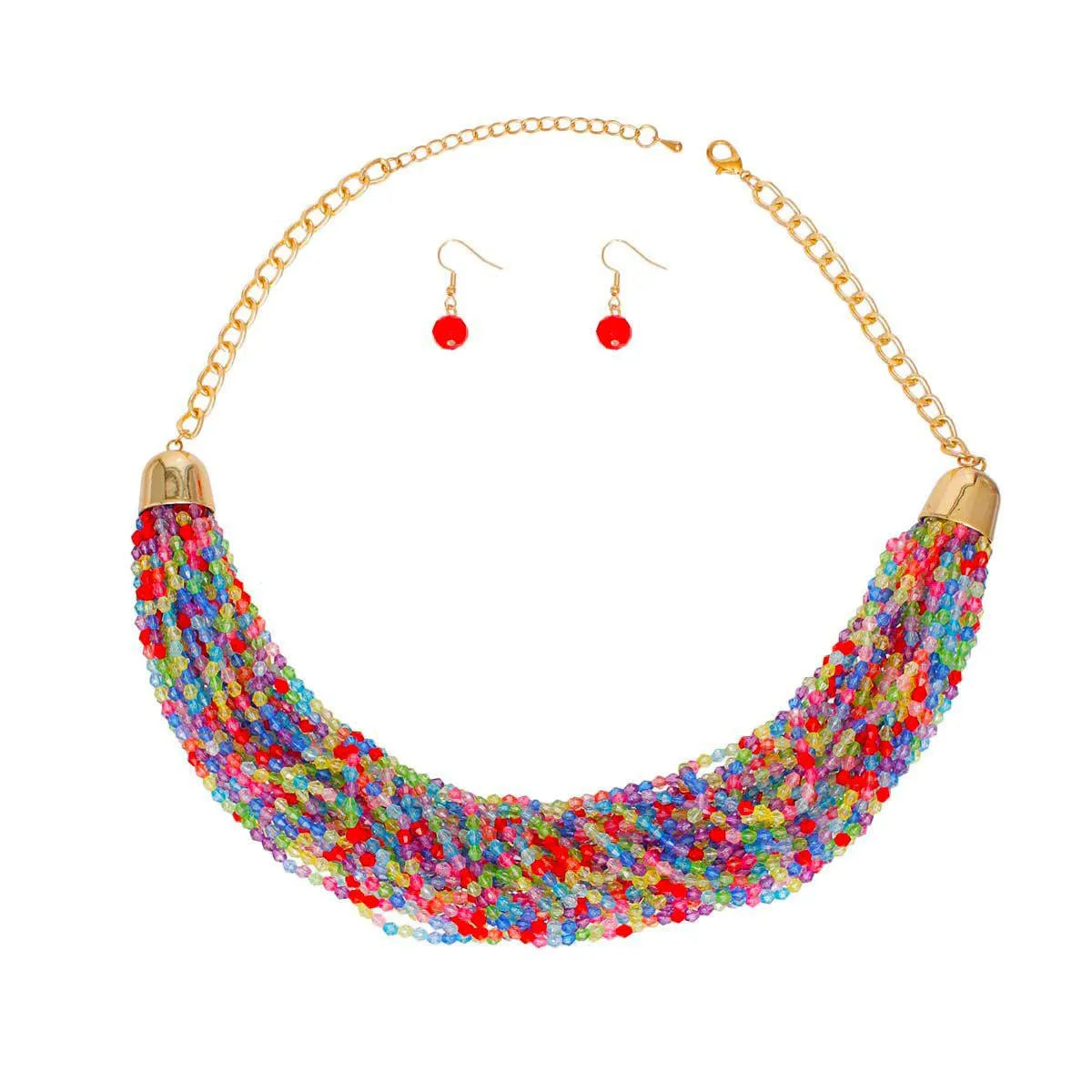 Multicolor Bead Multi Strand Necklace with Earrings Pinktown