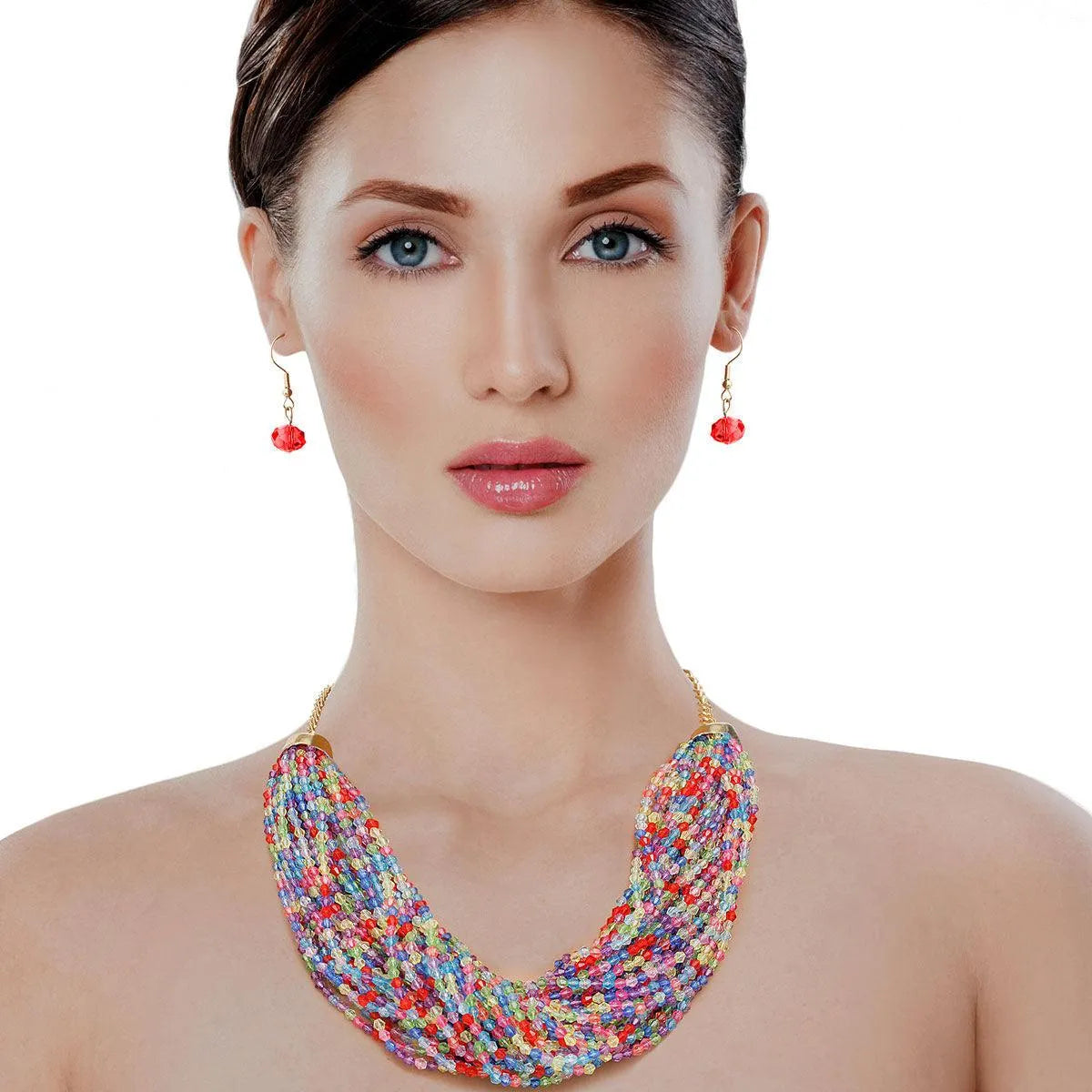 Multicolor Bead Multi Strand Necklace with Earrings Pinktown