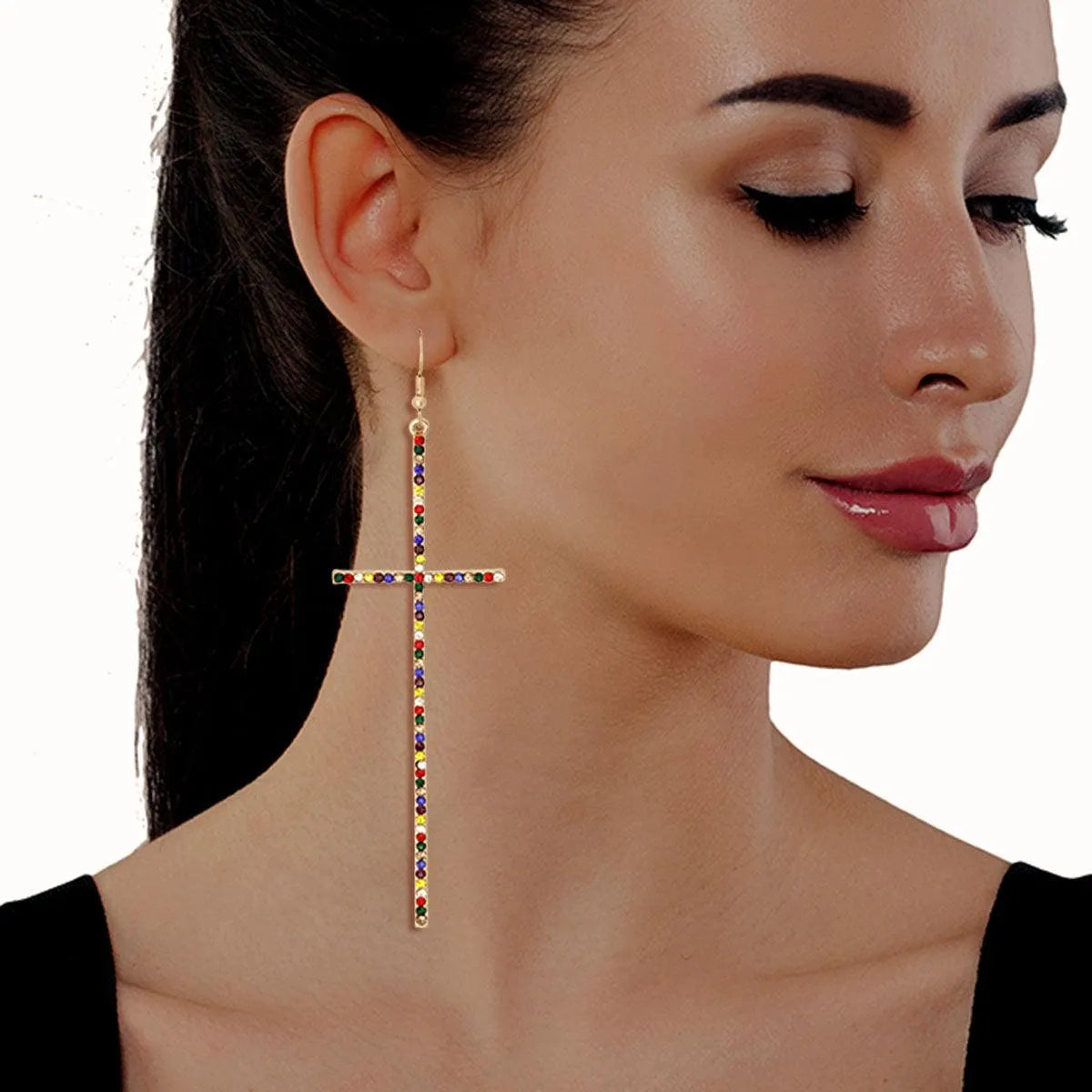 Multicolor Embellished Long Cross Earrings Jewelry Bubble