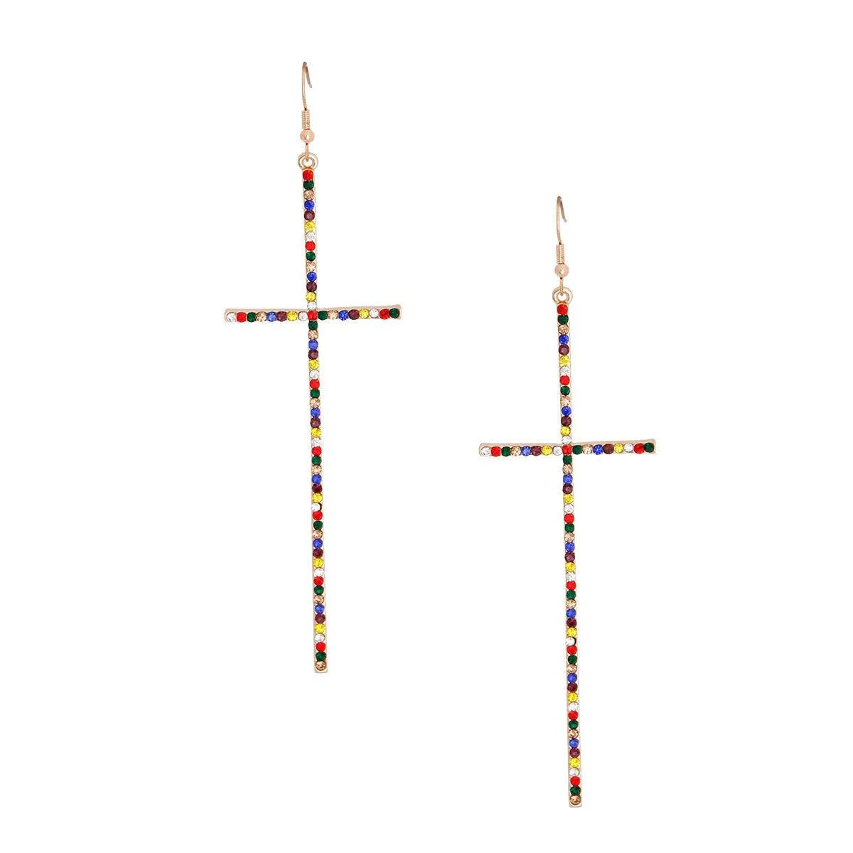 Multicolor Embellished Long Cross Earrings Jewelry Bubble