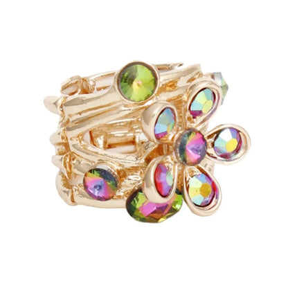 Multicolor Rhinestone Flower Gold Ring - Women's Fashion Statement Jewelry Jewelry Bubble