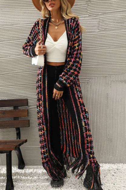 Multicolored Open Front Fringe Hem Cardigan Jewelry Bubble