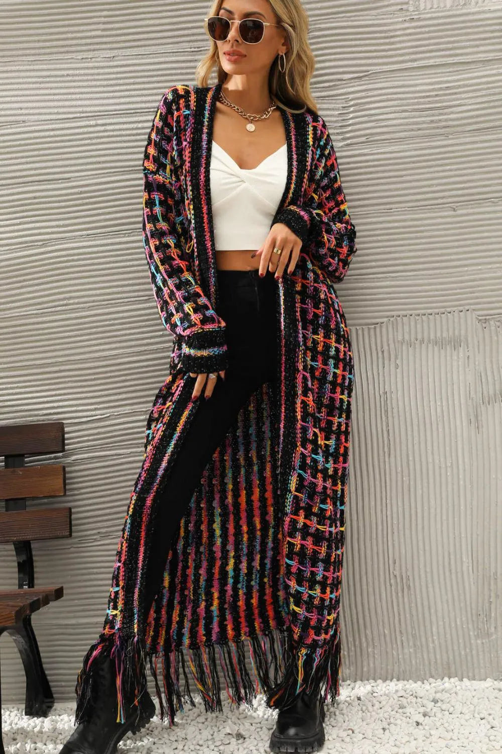 Multicolored Open Front Fringe Hem Cardigan Jewelry Bubble