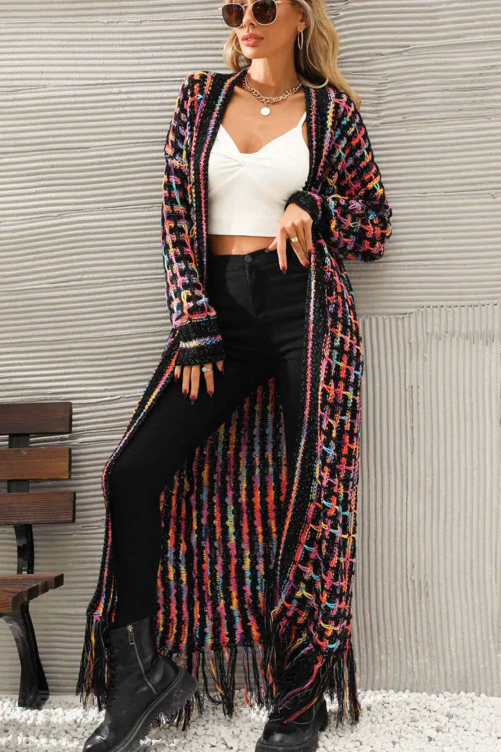 Multicolored Open Front Fringe Hem Cardigan Jewelry Bubble