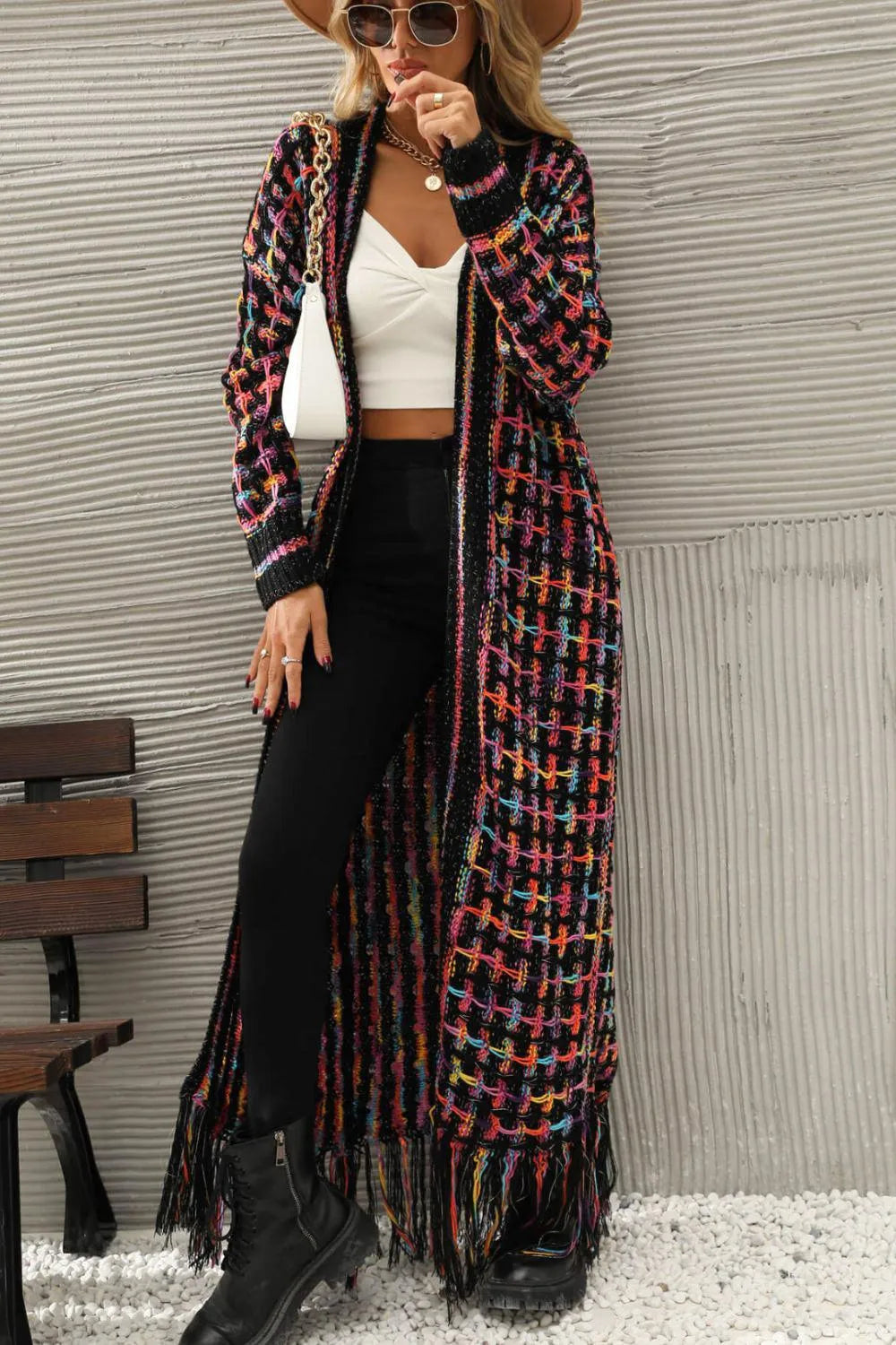 Multicolored Open Front Fringe Hem Cardigan Jewelry Bubble