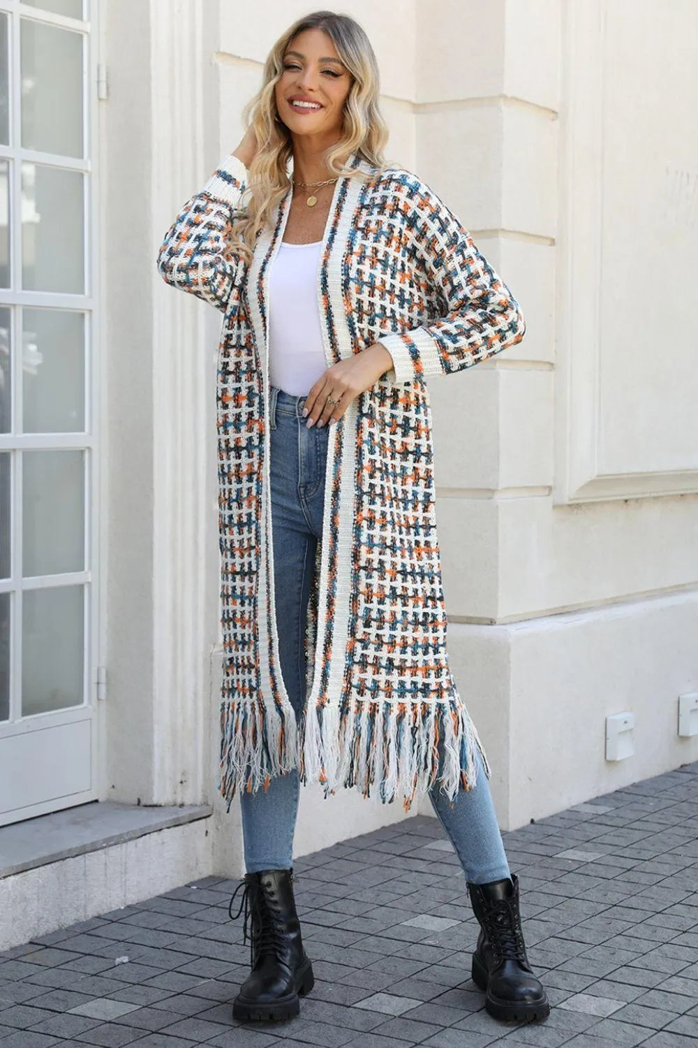 Multicolored Open Front Fringe Hem Cardigan Jewelry Bubble