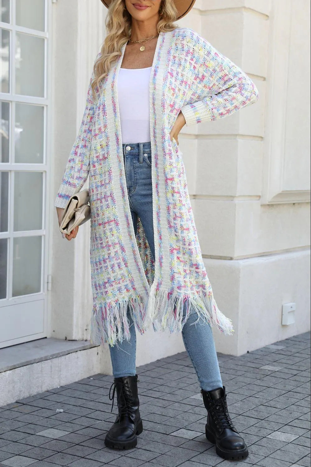 Multicolored Open Front Fringe Hem Cardigan Jewelry Bubble