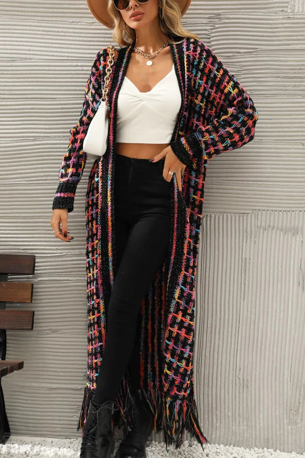 Multicolored Open Front Fringe Hem Cardigan Jewelry Bubble