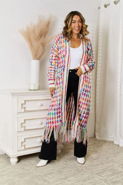 Multicolored Open Front Fringe Hem Cardigan Jewelry Bubble