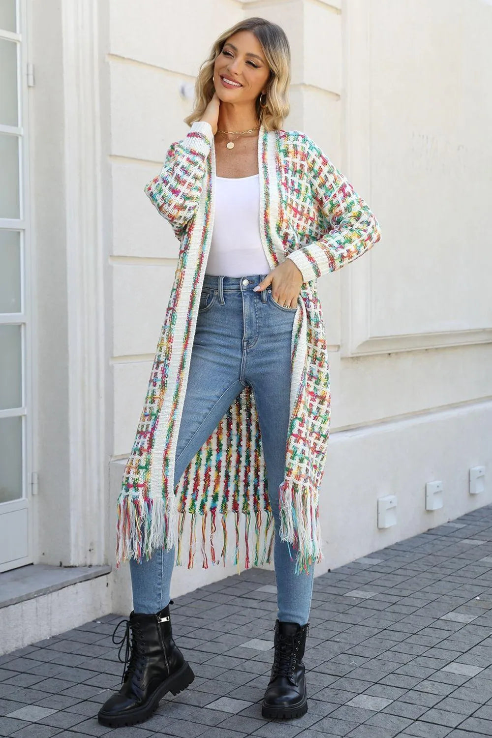 Multicolored Open Front Fringe Hem Cardigan Jewelry Bubble