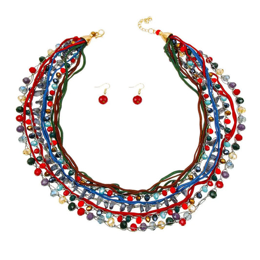 Multistrand Layered Necklace Set with Multicolor Glass and Stone Beads on Cord Pinktown