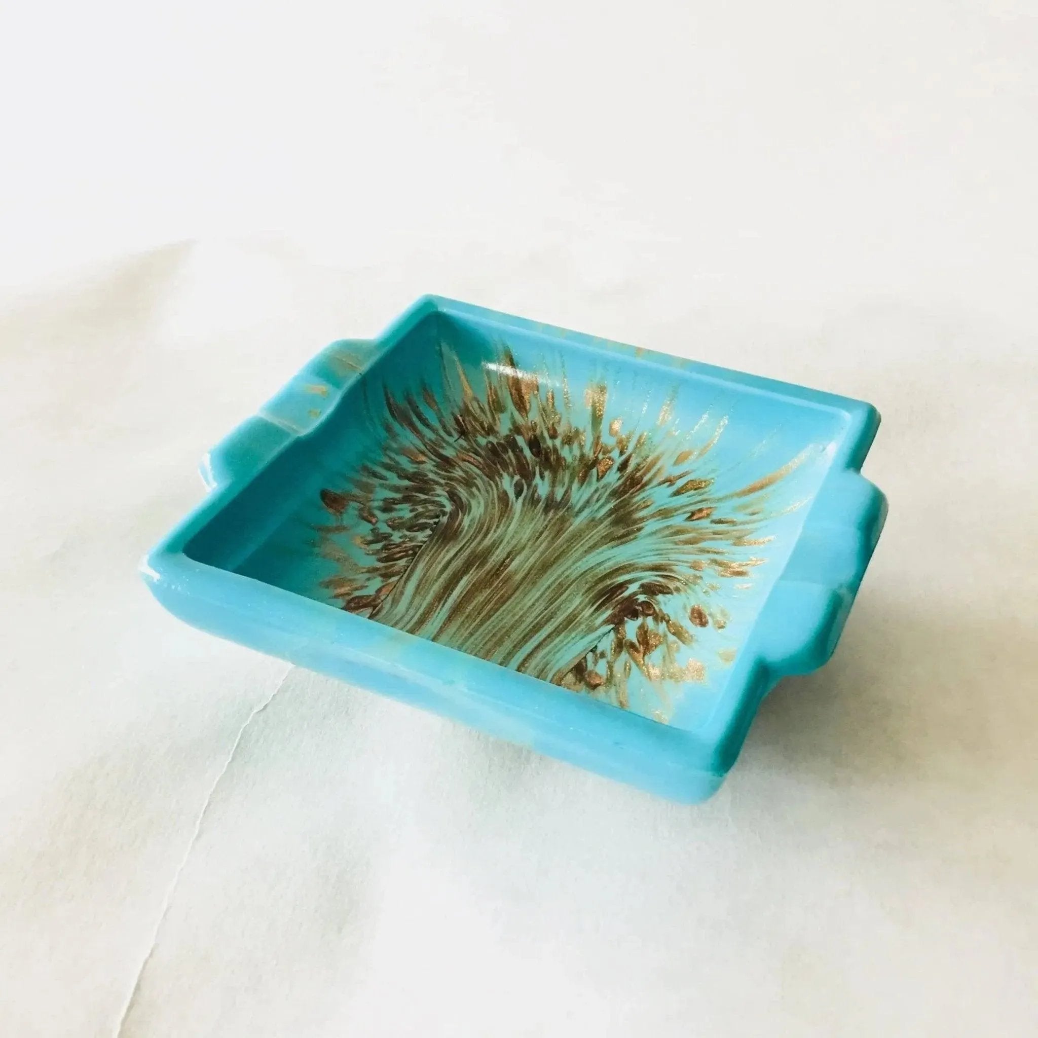 Murano Turquoise Glass & Copper Aventurine Ashtray