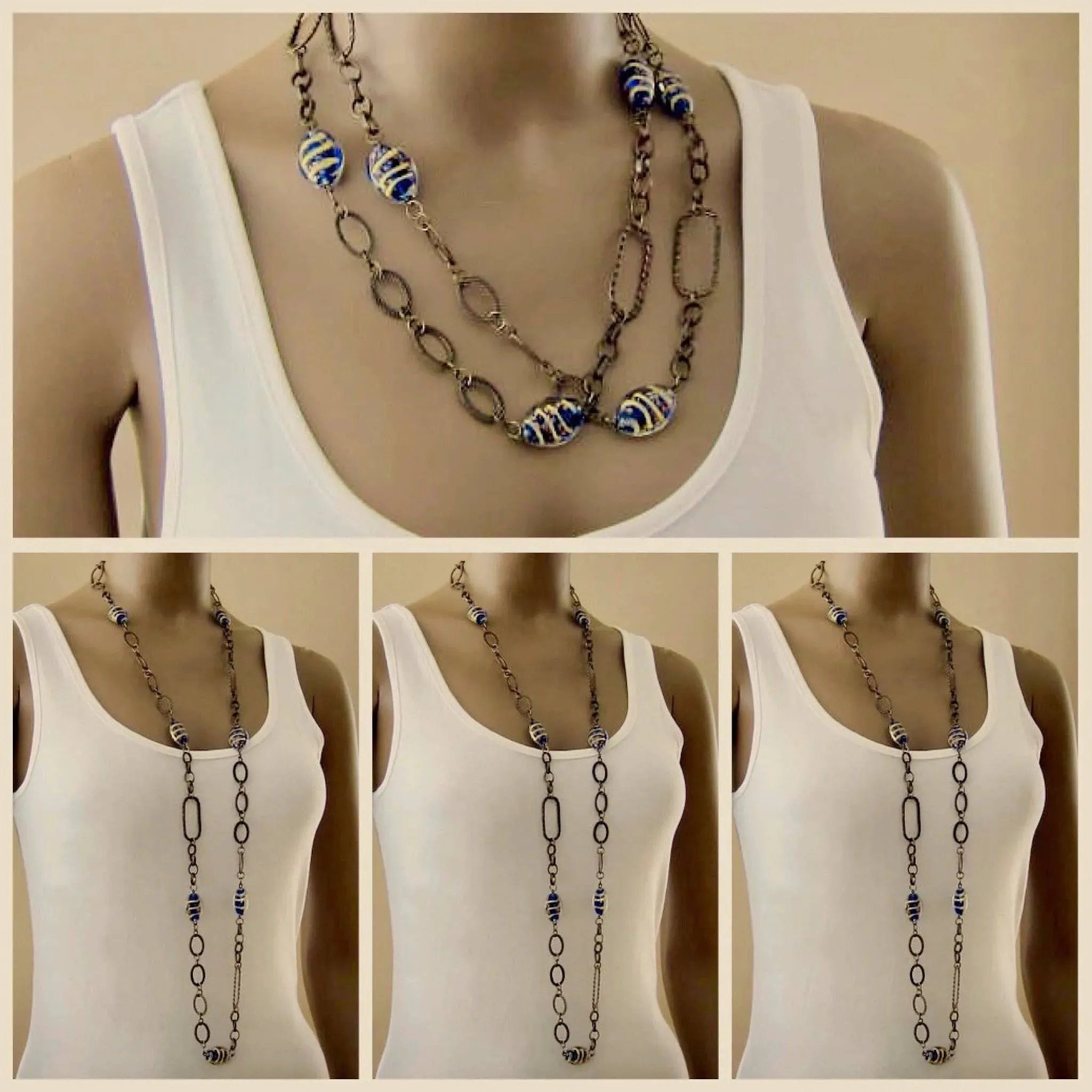 Murano glass swirl beads long open link chain vintage necklace