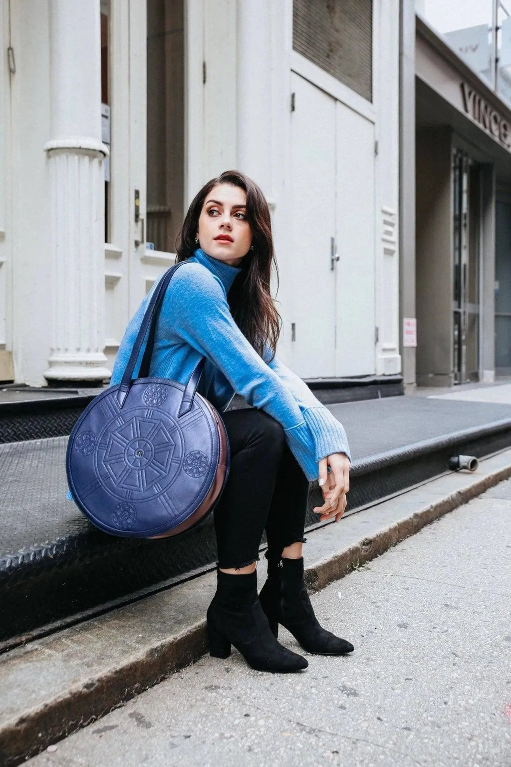 Navy Blue/Metallic Rose Meghan Leather Tote Bag