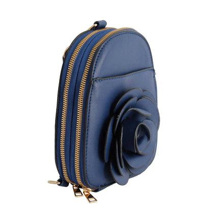 Navy Blue Vegan Leather Floral Mini Backpack: Stylish & Secure Jewelry Bubble