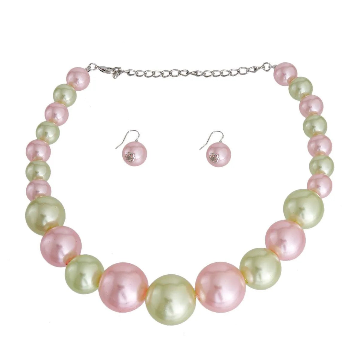 Necklace and Earrings Set with Pink and Green Faux Pearls Jewelry Bubble