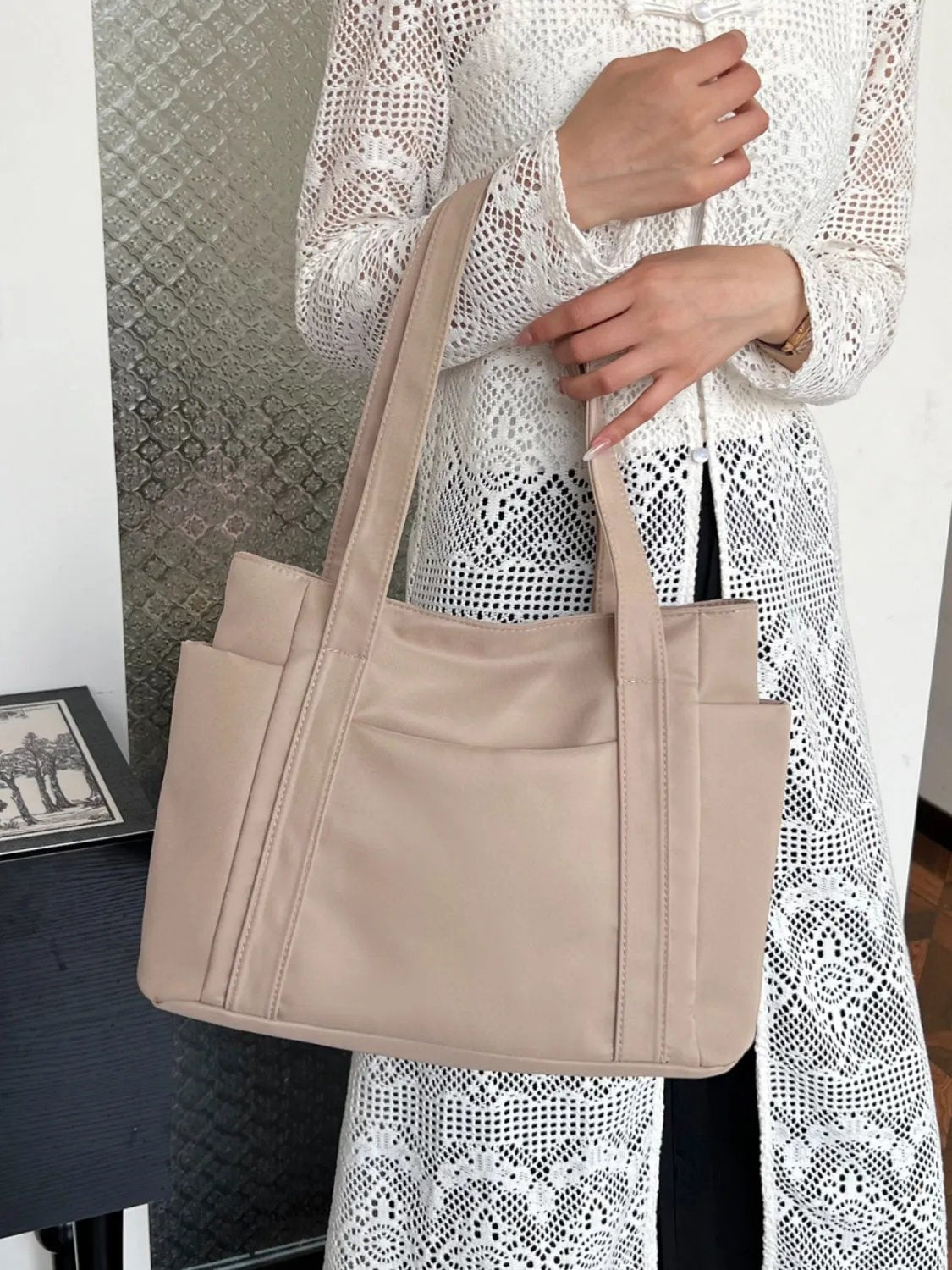 Nylon Oxford Large Tote Bag with Zipper for Women
