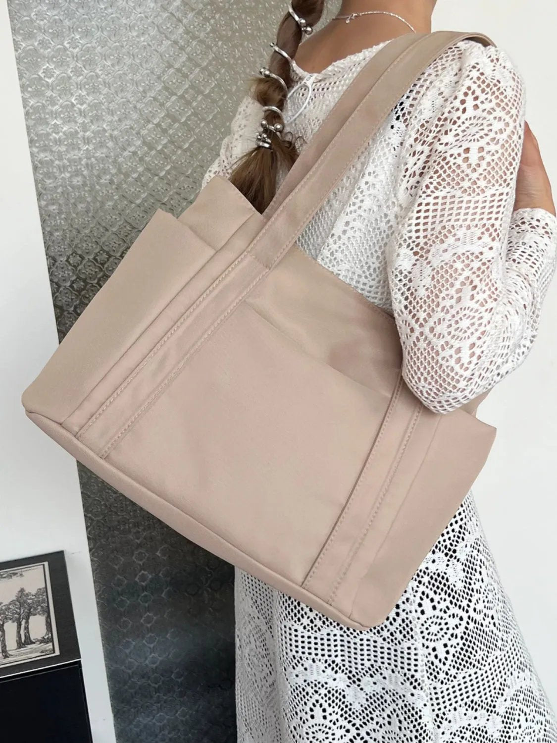 Nylon Oxford Large Tote Bag with Zipper for Women