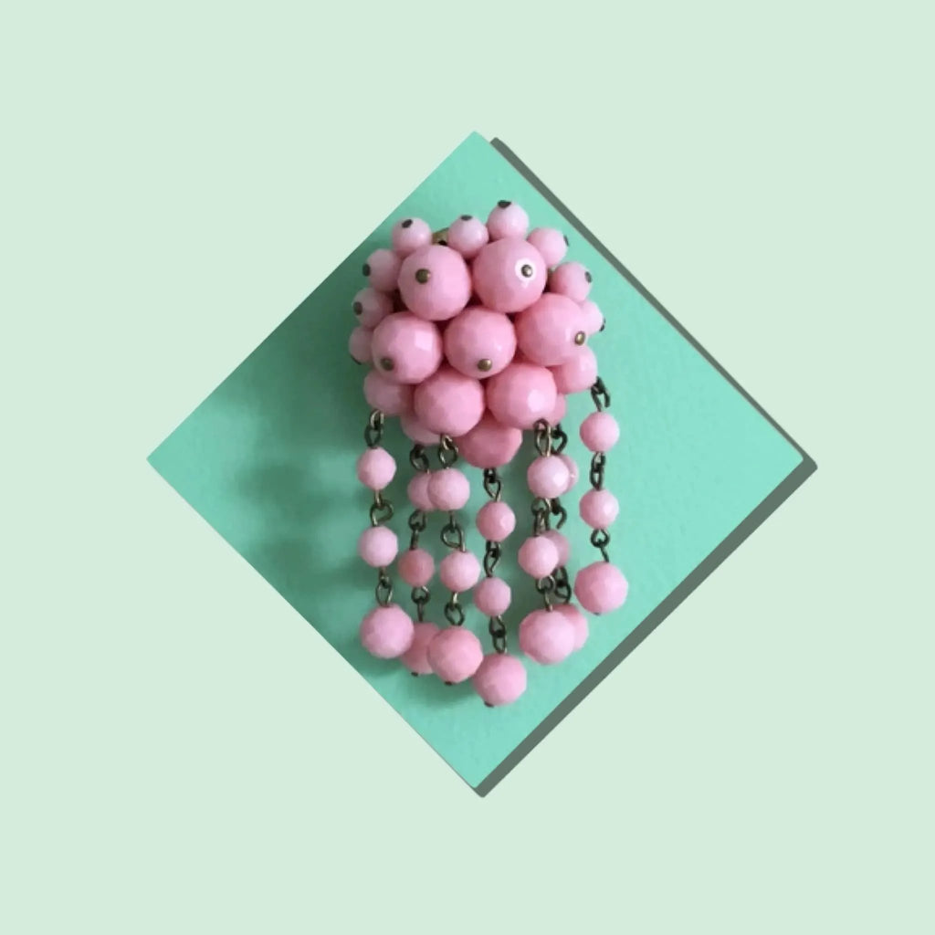 Old Fashioned Pink Plastic Cascade Faceted Bead Vintage Brooch