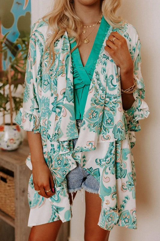 Open Front 3/4 Sleeves Paisley Print Kimono Jewelry Bubble