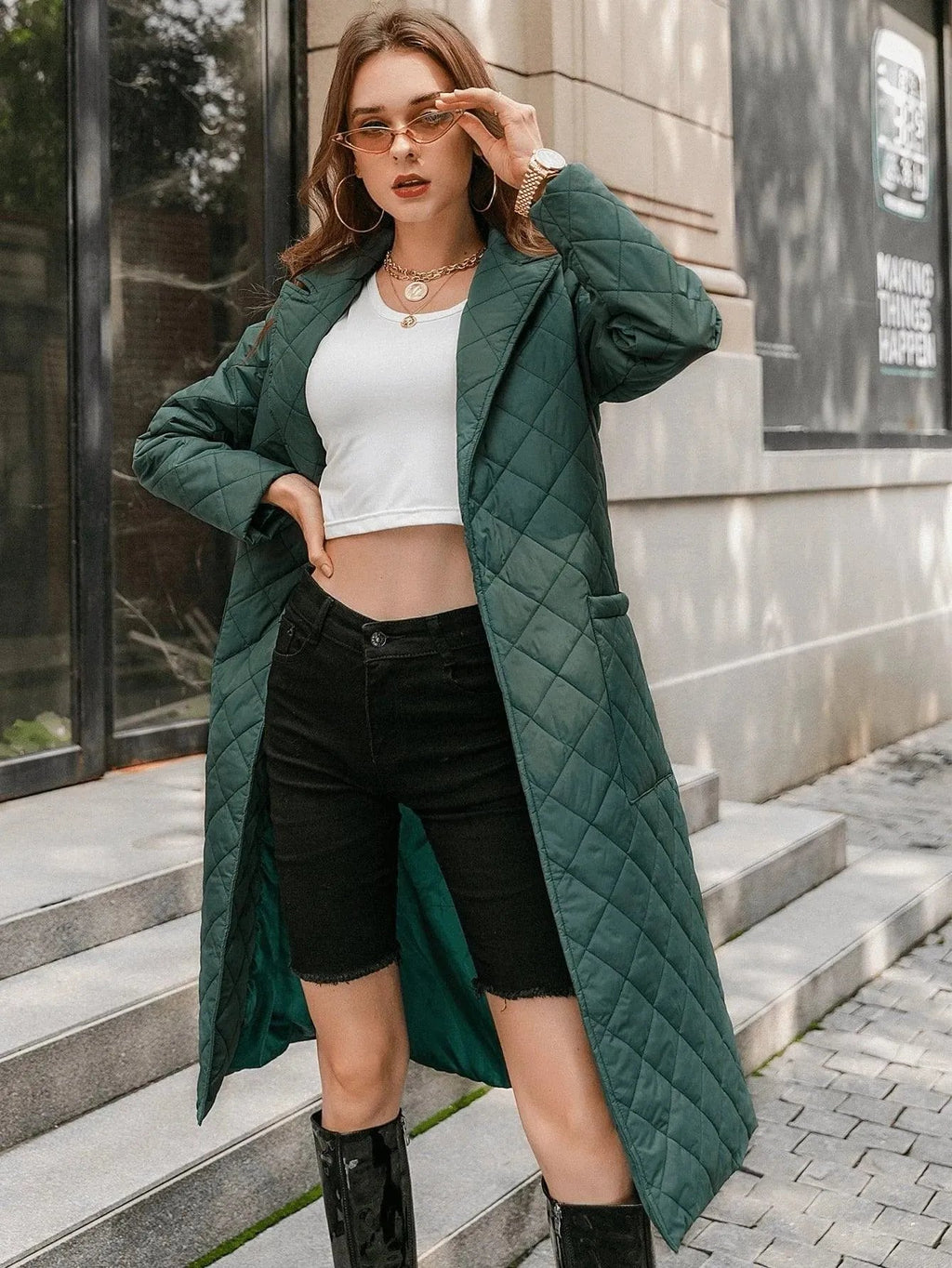 Open Front Patch Pocket Belted Quilted Padded Coat Dark Green