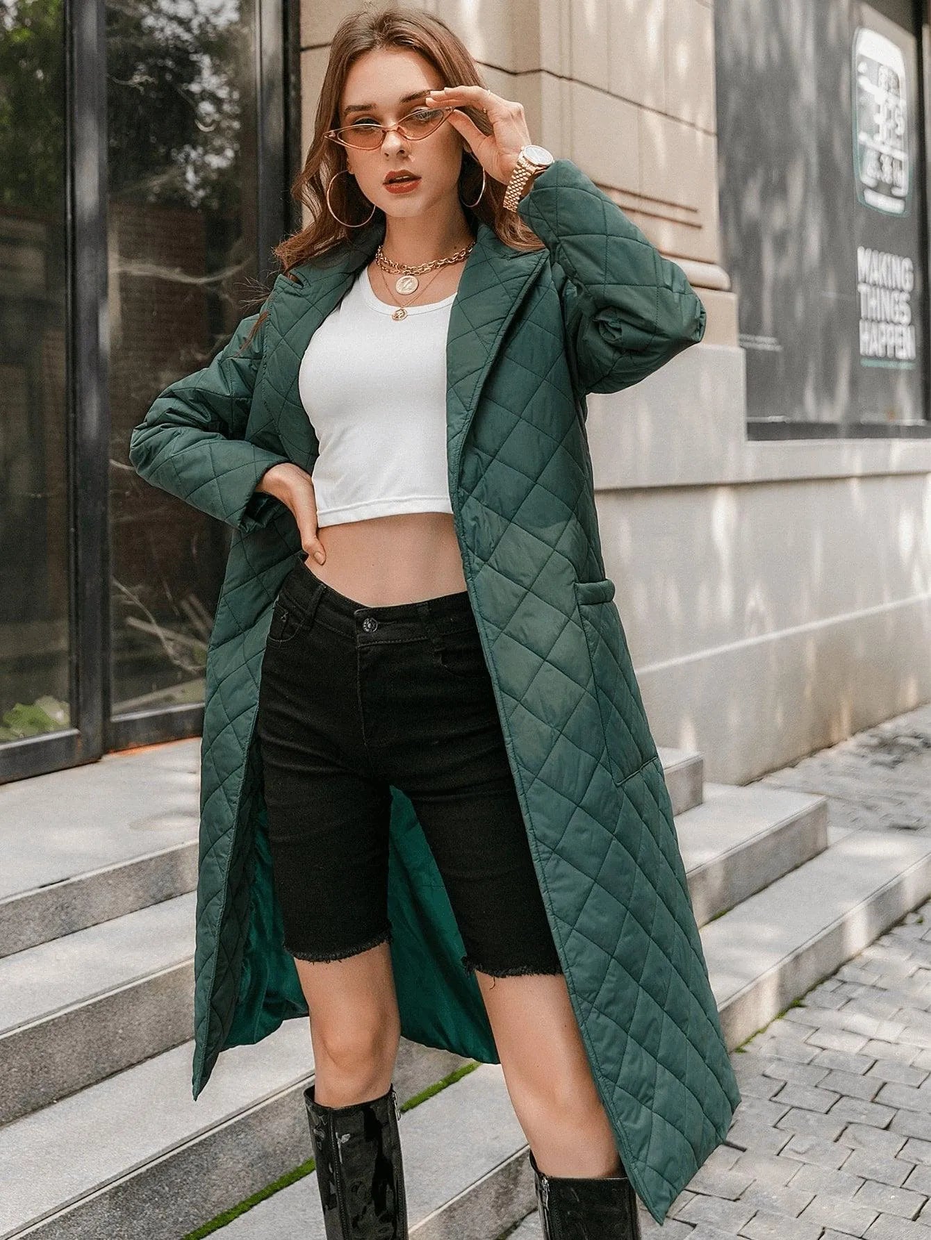 Open Front Patch Pocket Belted Quilted Padded Coat Dark Green Jewelry Bubble