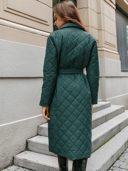 Open Front Patch Pocket Belted Quilted Padded Coat Dark Green Jewelry Bubble