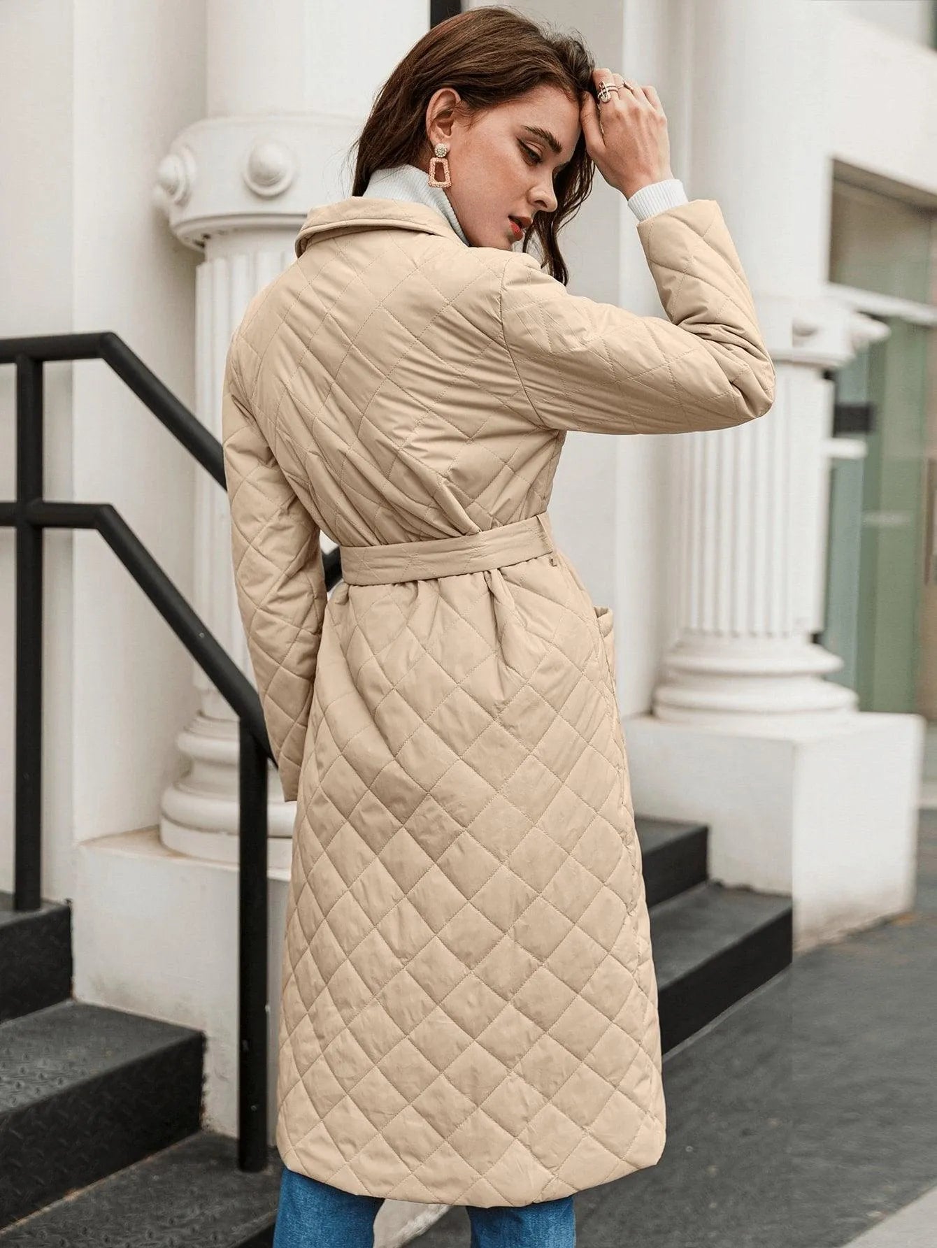 Open Front Patch Pocket Belted Quilted Padded Coat Khaki Jewelry Bubble