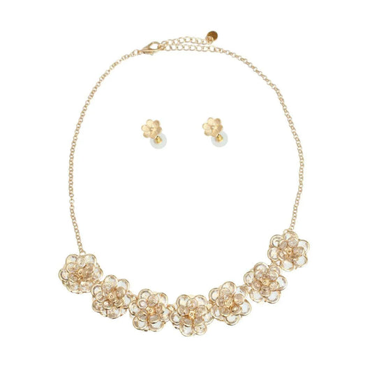 Open Gold Color Blooms Dimensional Floral Necklace Set Jewelry Bubble