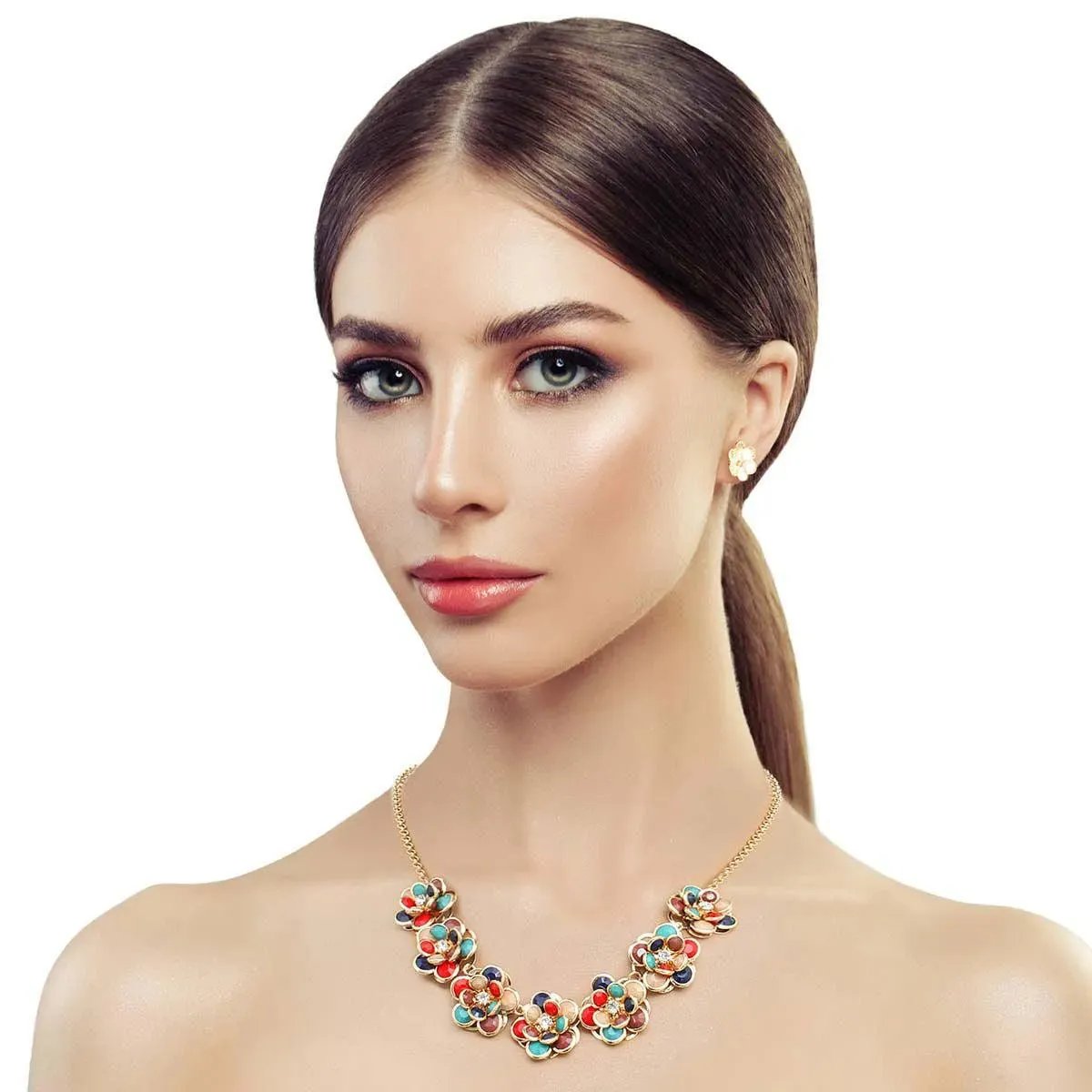 Open Multicolor Blooms Dimensional Floral Necklace Set