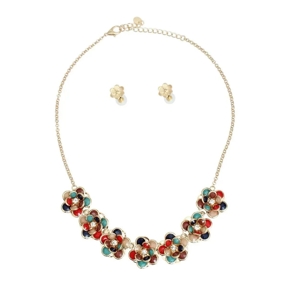 Open Multicolor Blooms Dimensional Floral Necklace Set