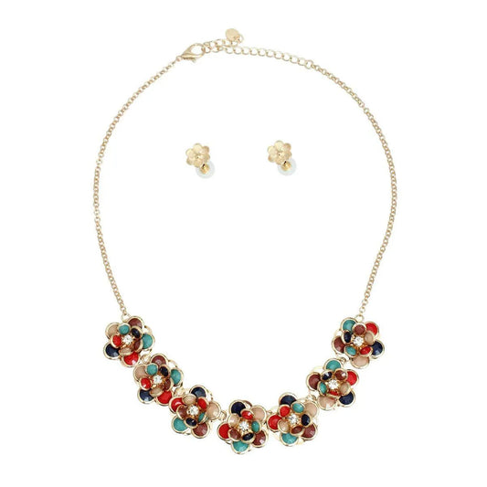 Open Multicolor Blooms Dimensional Floral Necklace Set Jewelry Bubble